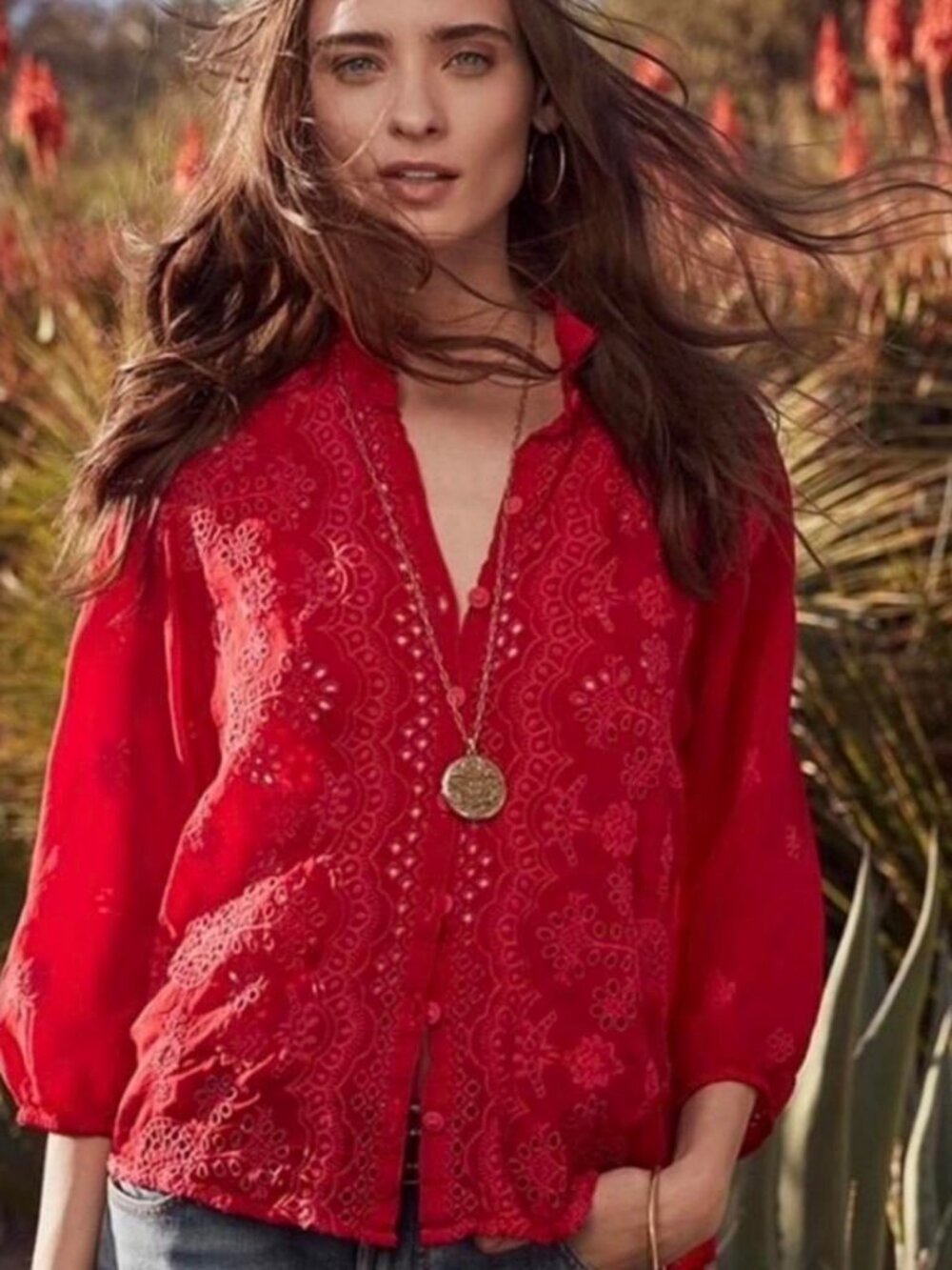 Johnny Was Red Embroidered Sheer Sleeve Blouse Size 2 Like New